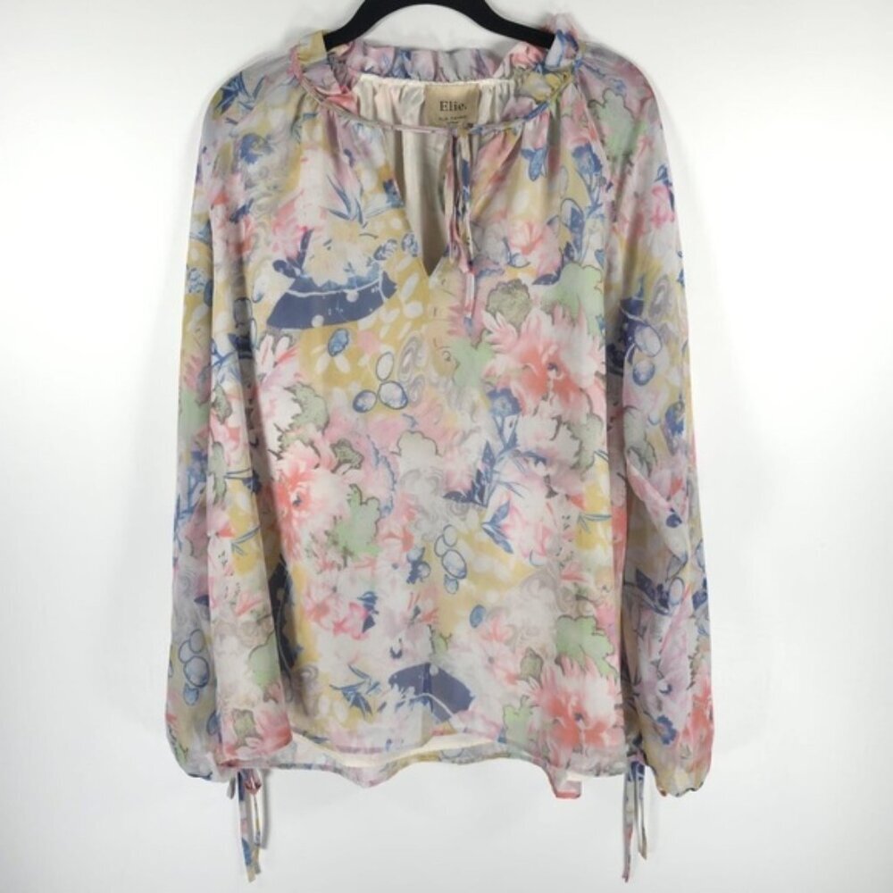 NWT ELIE TAHARI WOMAN Floral Split V Neck Tie Closure Ruffle Collar LS Blouse 1X